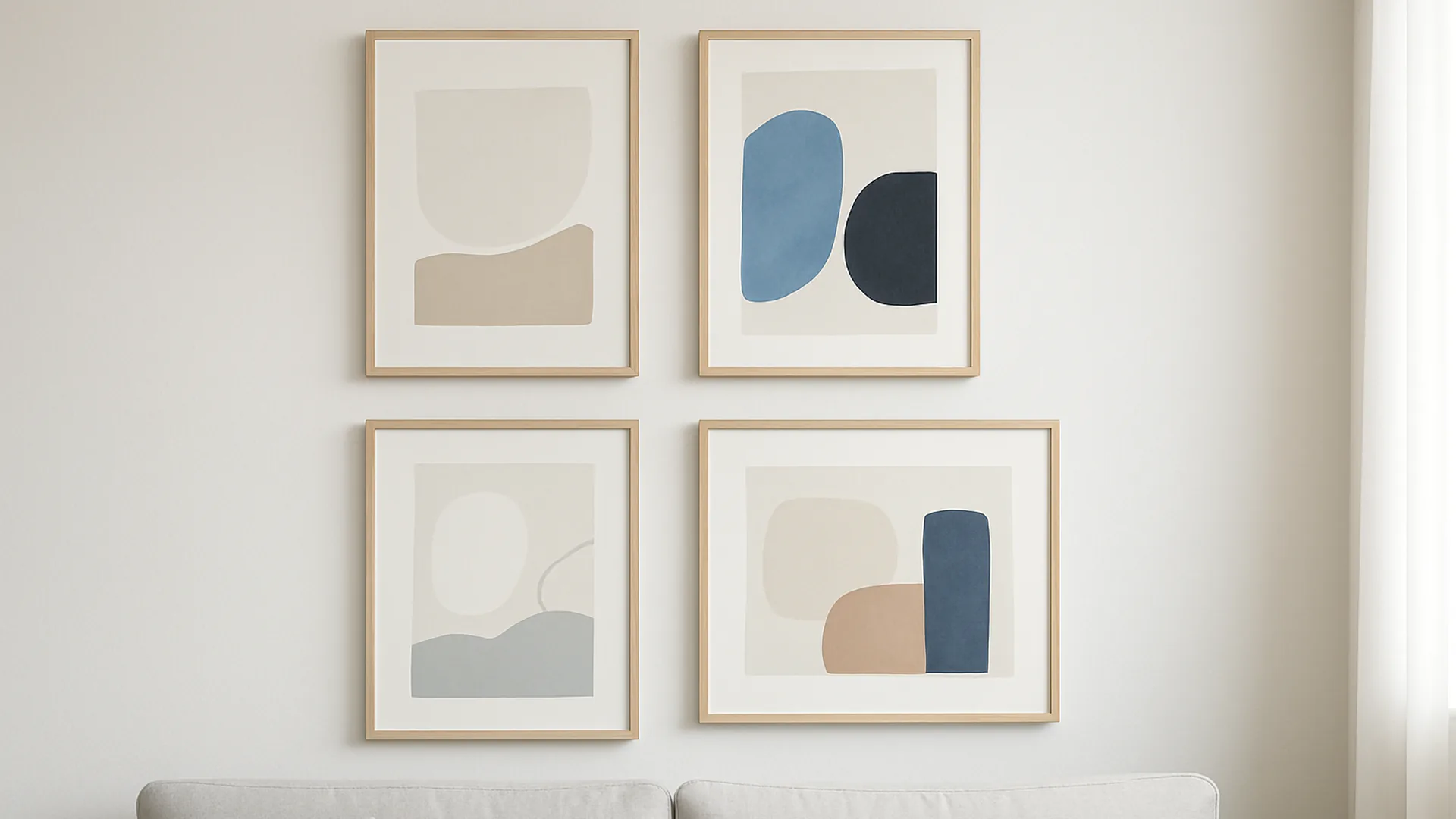 Wohnzimmerwand mit mehreren gerahmten Postern mit abstrakter Kunst